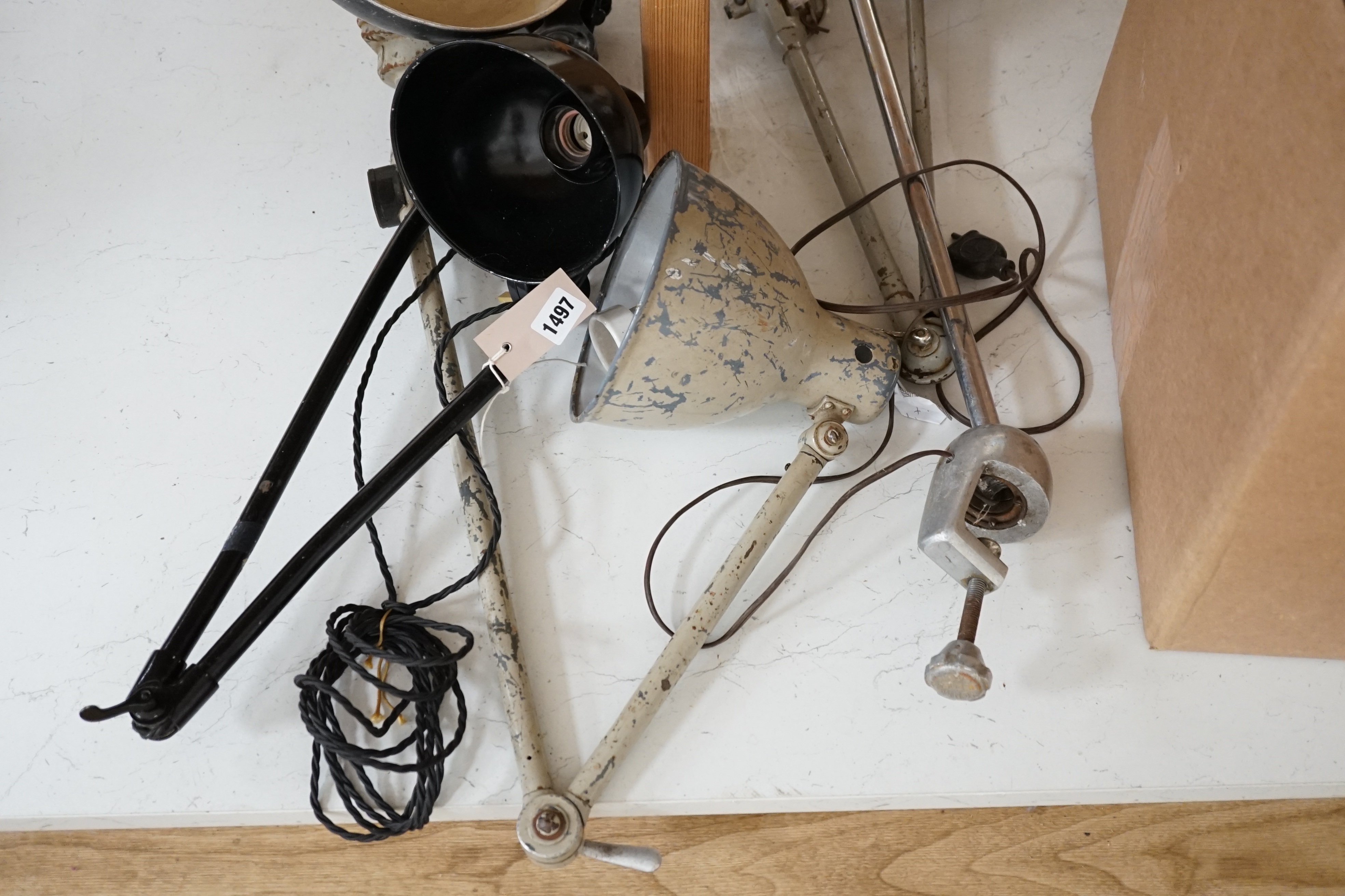 A mid-century Kaiser Idell clamp-fitting adjustable lamp, and three other clamp-fitting lamps